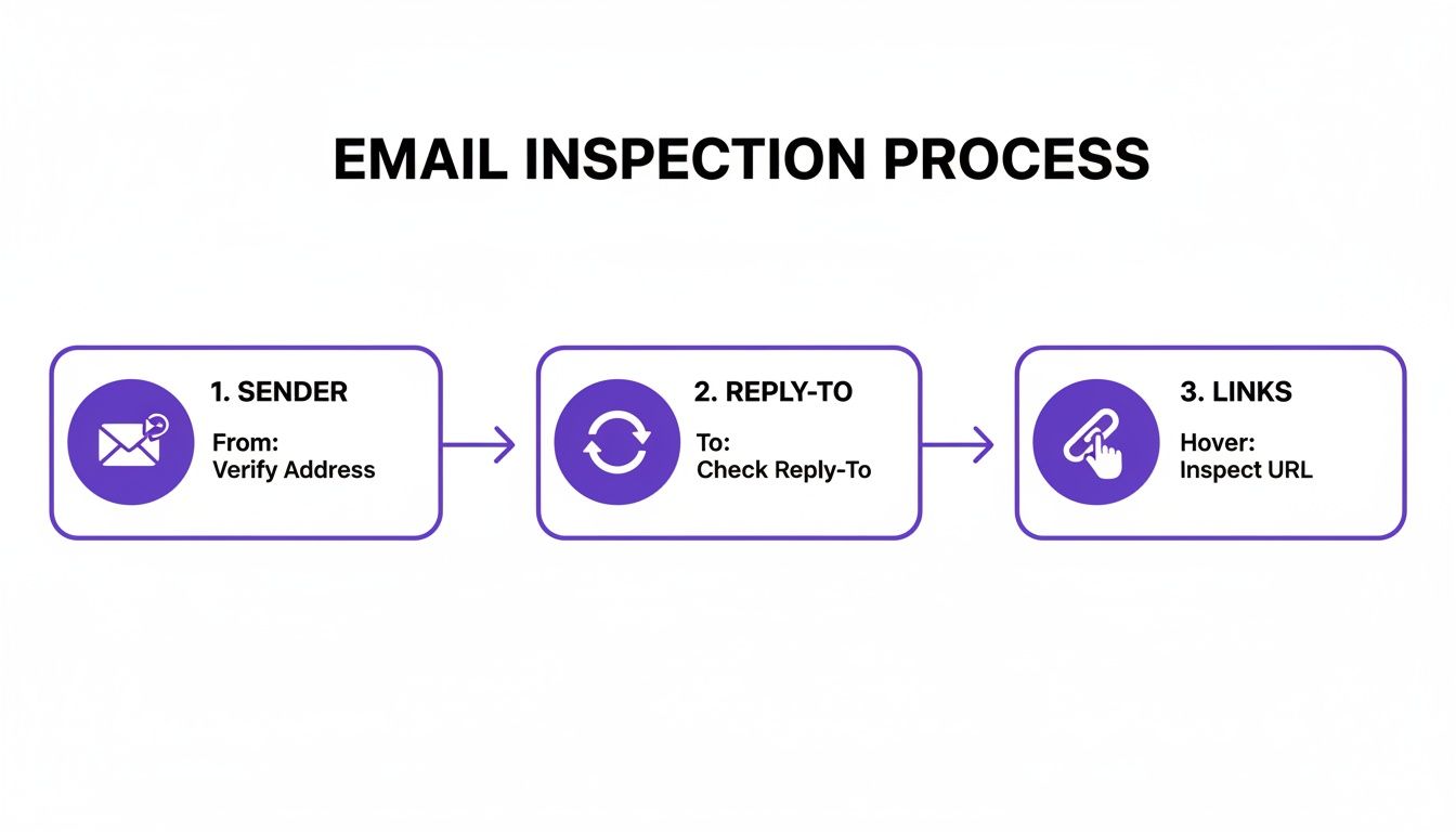 A flowchart outlining the email inspection process to identify phishing, covering sender, reply-to, and links verification.