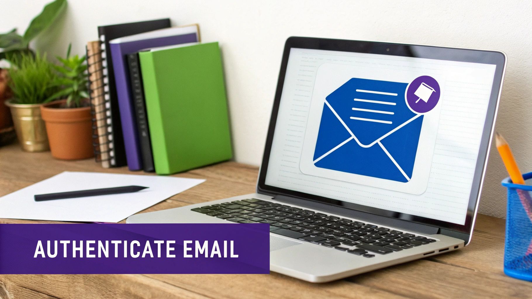 A laptop on a wooden desk displays an email security icon with 'AUTHENTICATE EMAIL' banner.