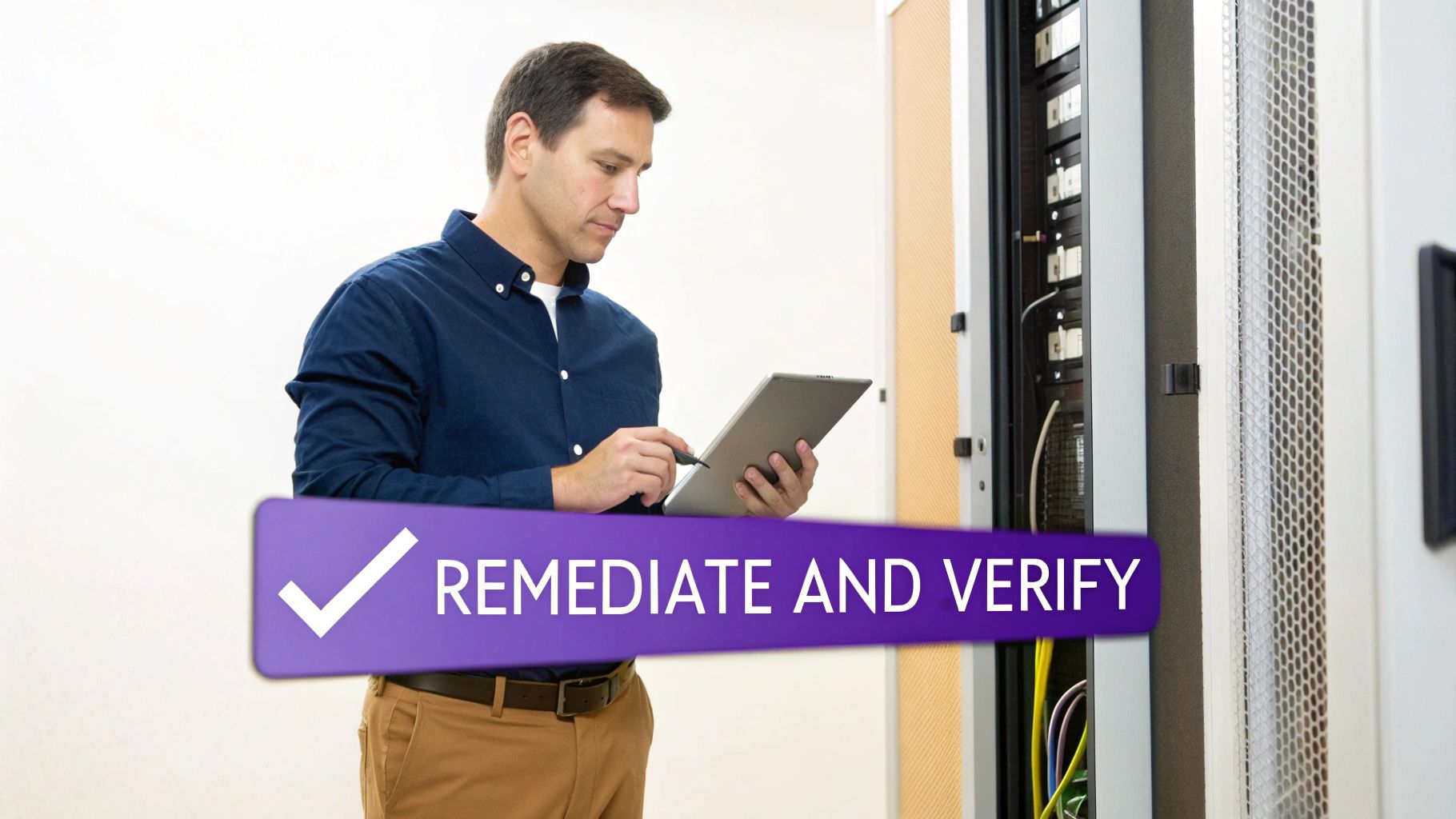 A man in a server room uses a tablet and stylus to remediate and verify IT systems.