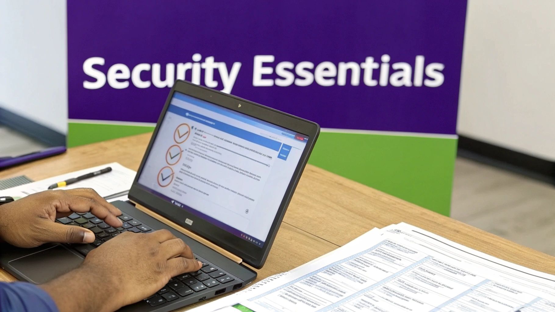 A person works on a laptop displaying a security checklist, with a 'Security Essentials' banner.