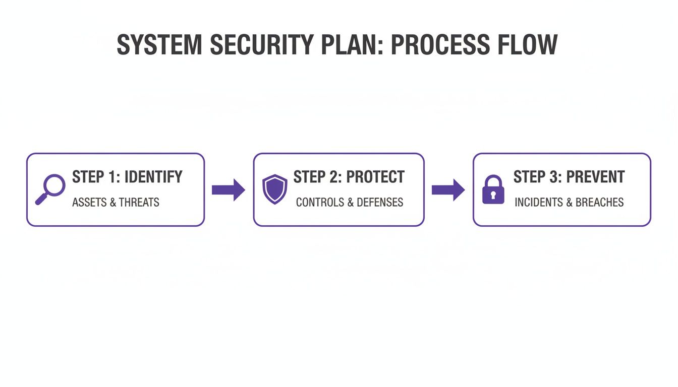 A three-step system security plan process flow: identify, protect, and prevent.