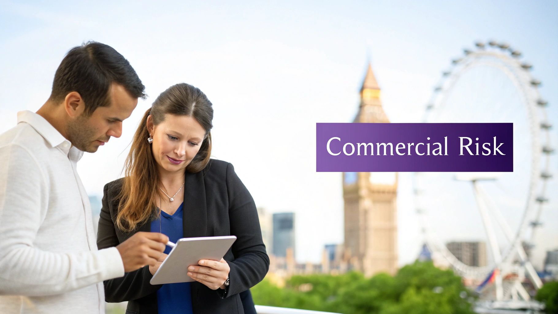 Two professionals discussing commercial risk on a tablet, with London's Big Ben and London Eye in the background.