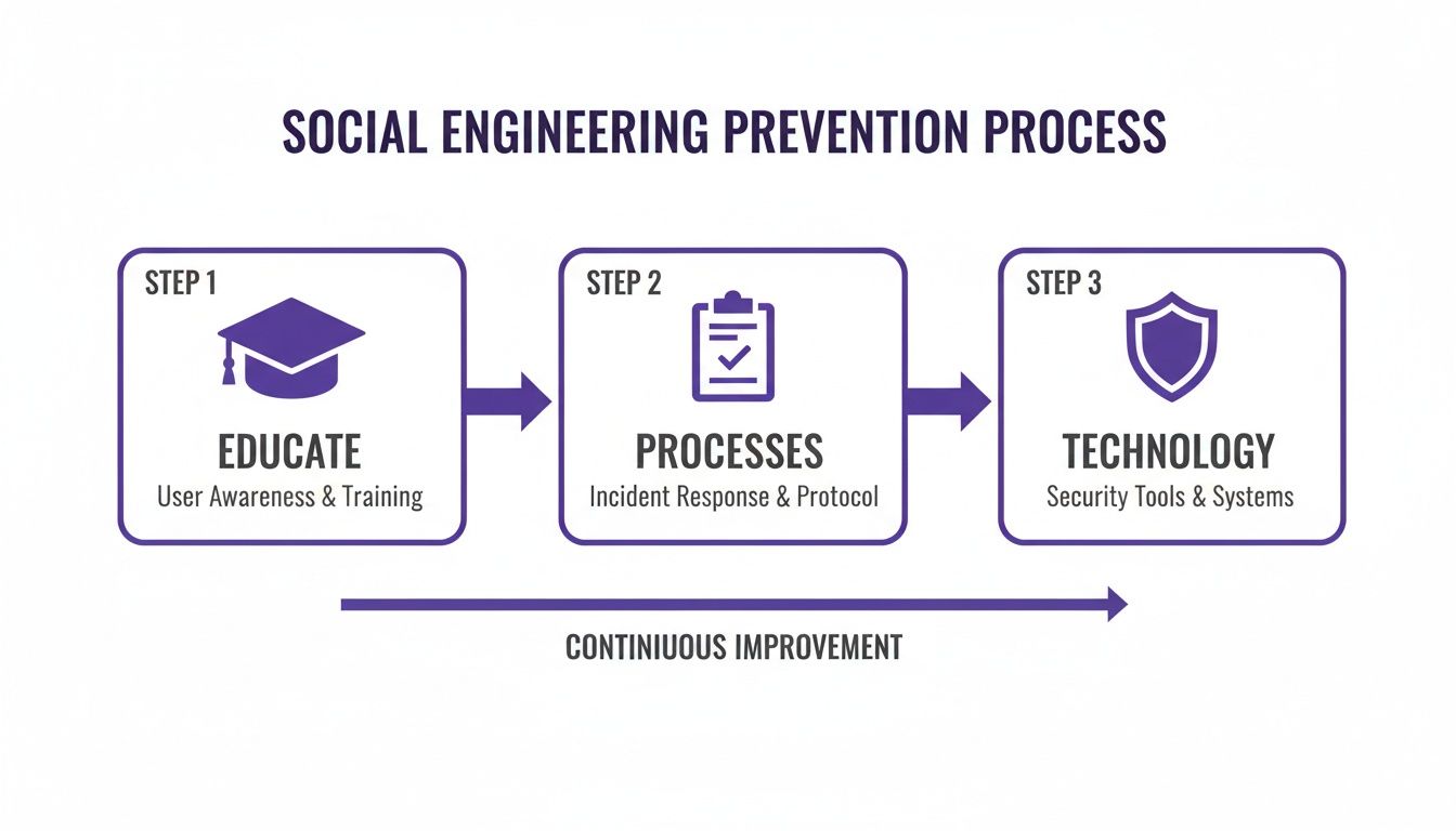 Flowchart showing social engineering prevention with steps: Educate, Processes, Technology, and continuous improvement.