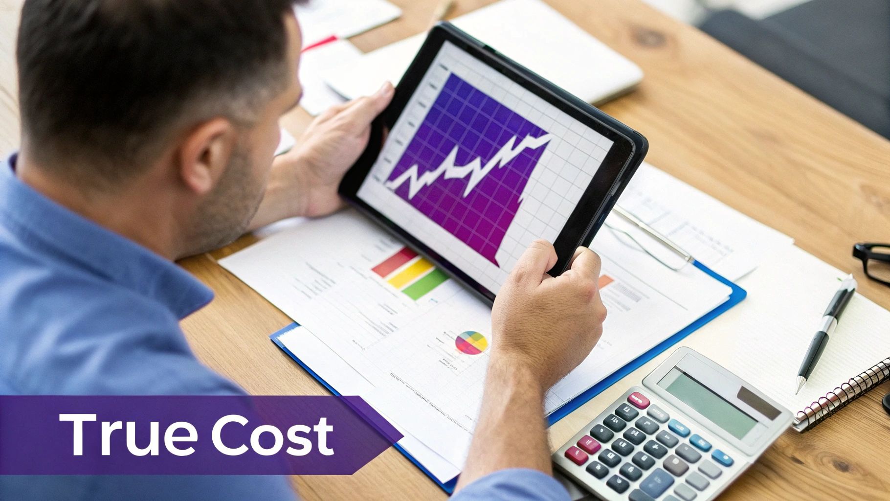 A person views a financial graph on a tablet, analyzing data with charts and a calculator.