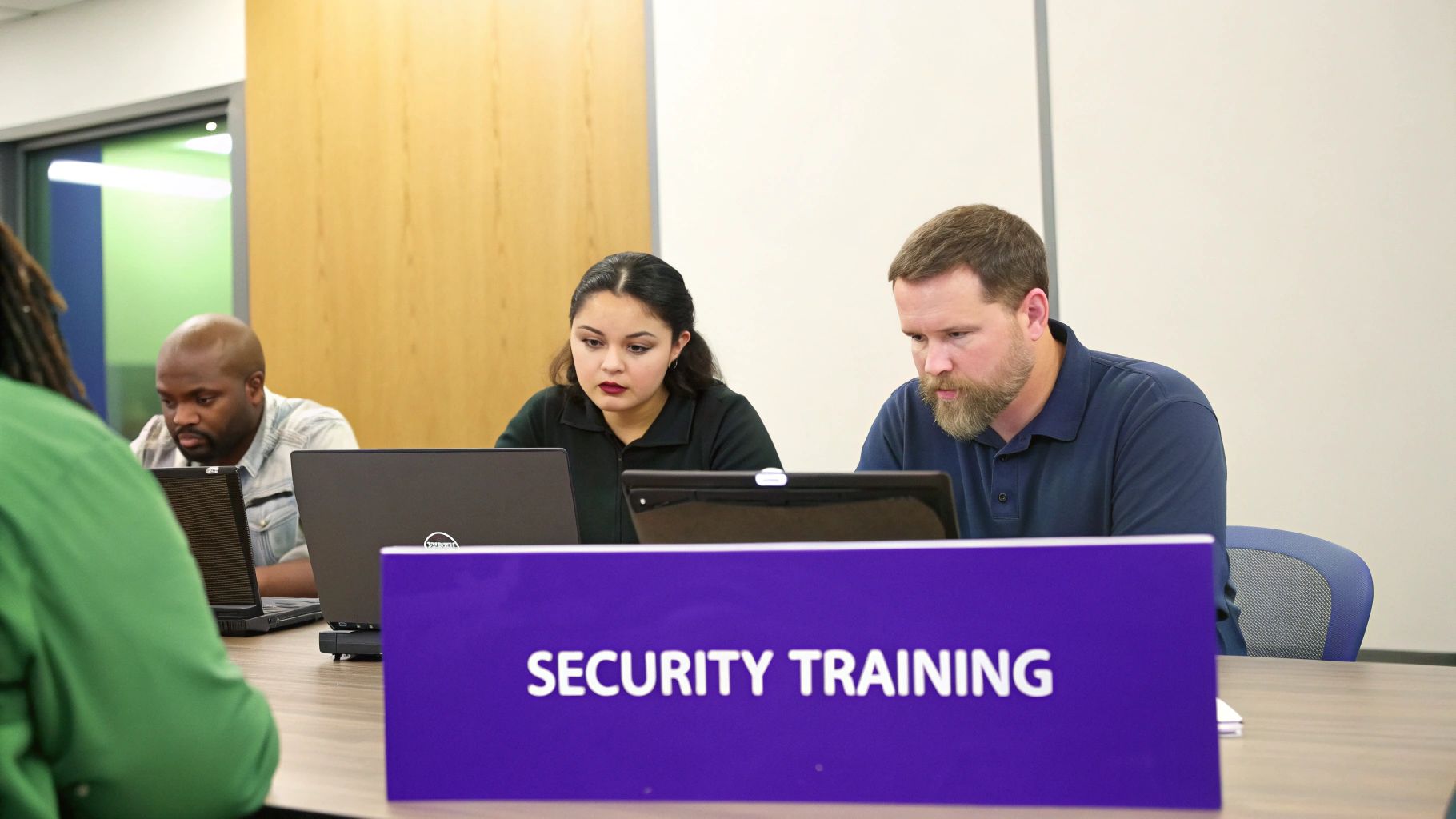 Diverse group of adults attending a security training session with laptops at a table.