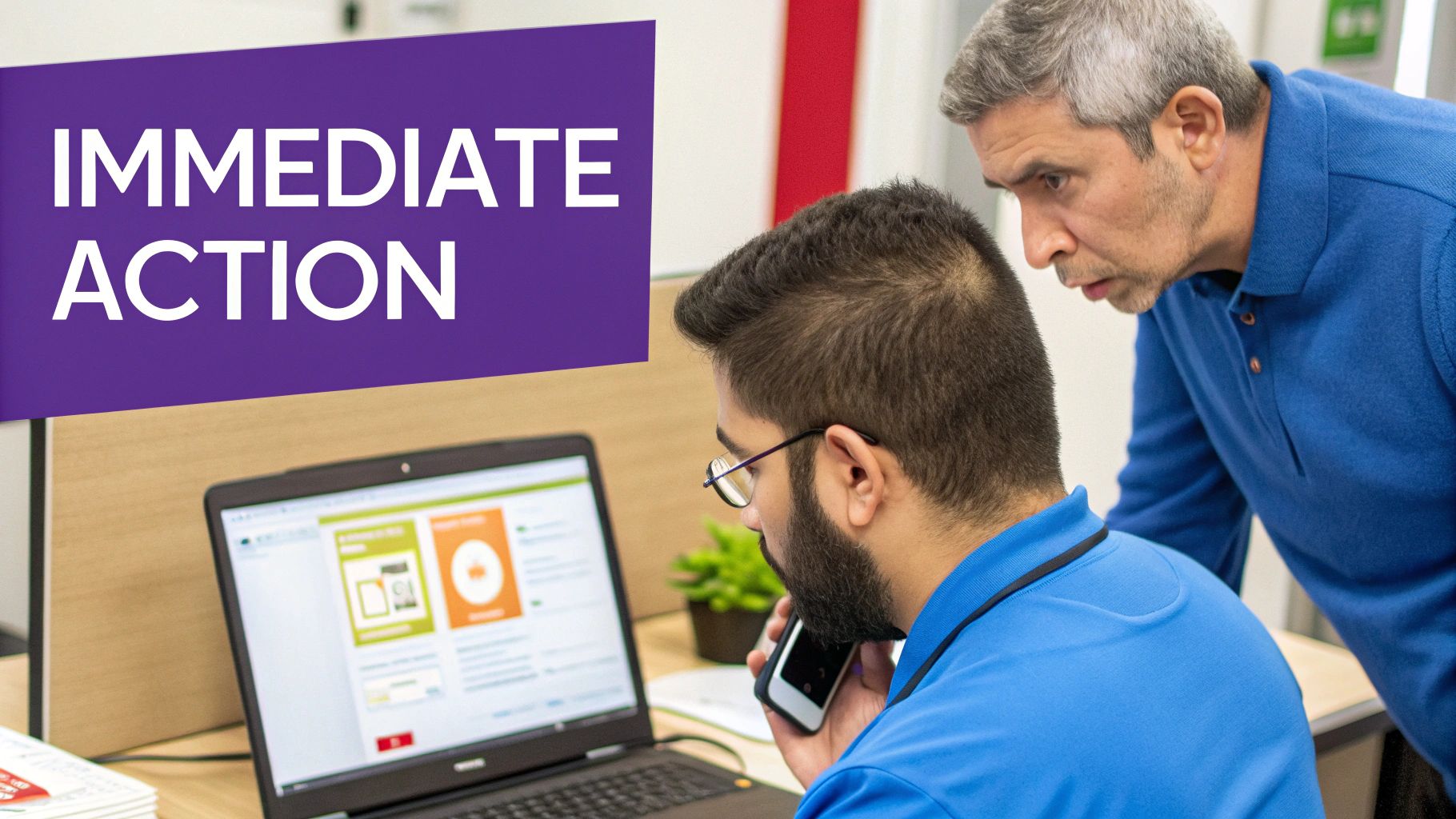 Two colleagues intensely review a laptop screen displaying a prominent "IMMEDIATE ACTION" banner.