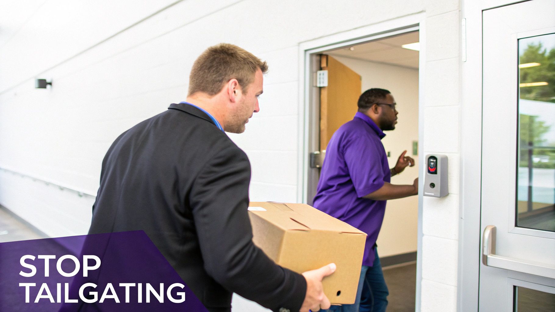 Two men entering a building, one carrying a box, demonstrating security tailgating.