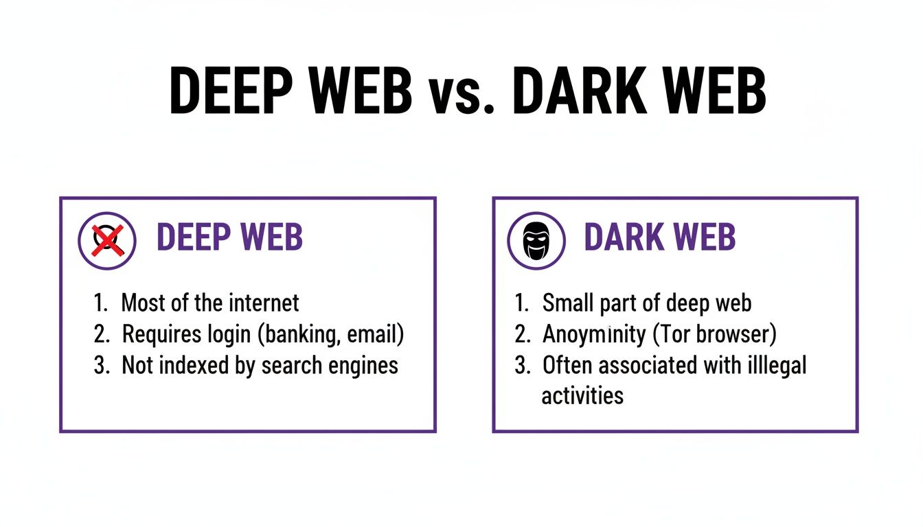 Infographic comparing the Deep Web and Dark Web, detailing characteristics, login requirements, and indexing.