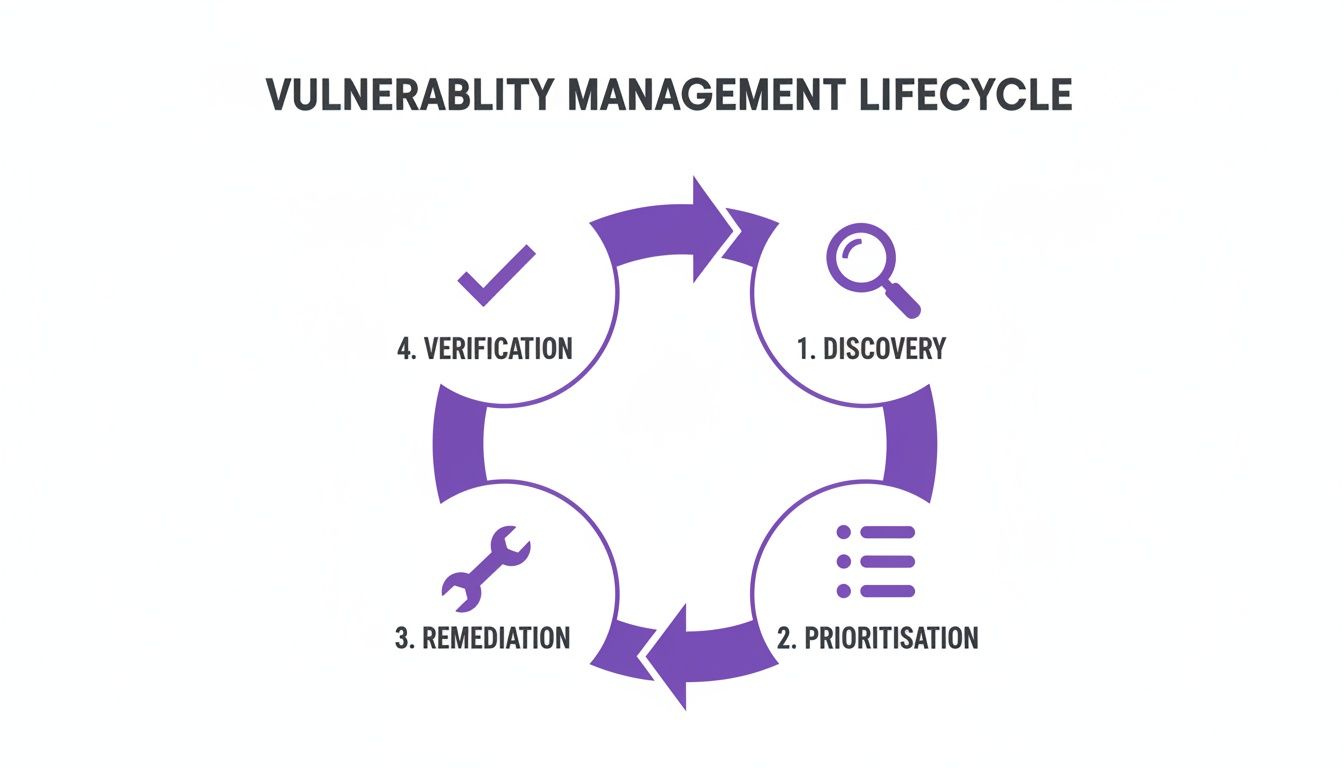 A cyclical diagram illustrating the four steps of the Vulnerability Management Lifecycle: Discovery, Prioritisation, Remediation, and Verification.