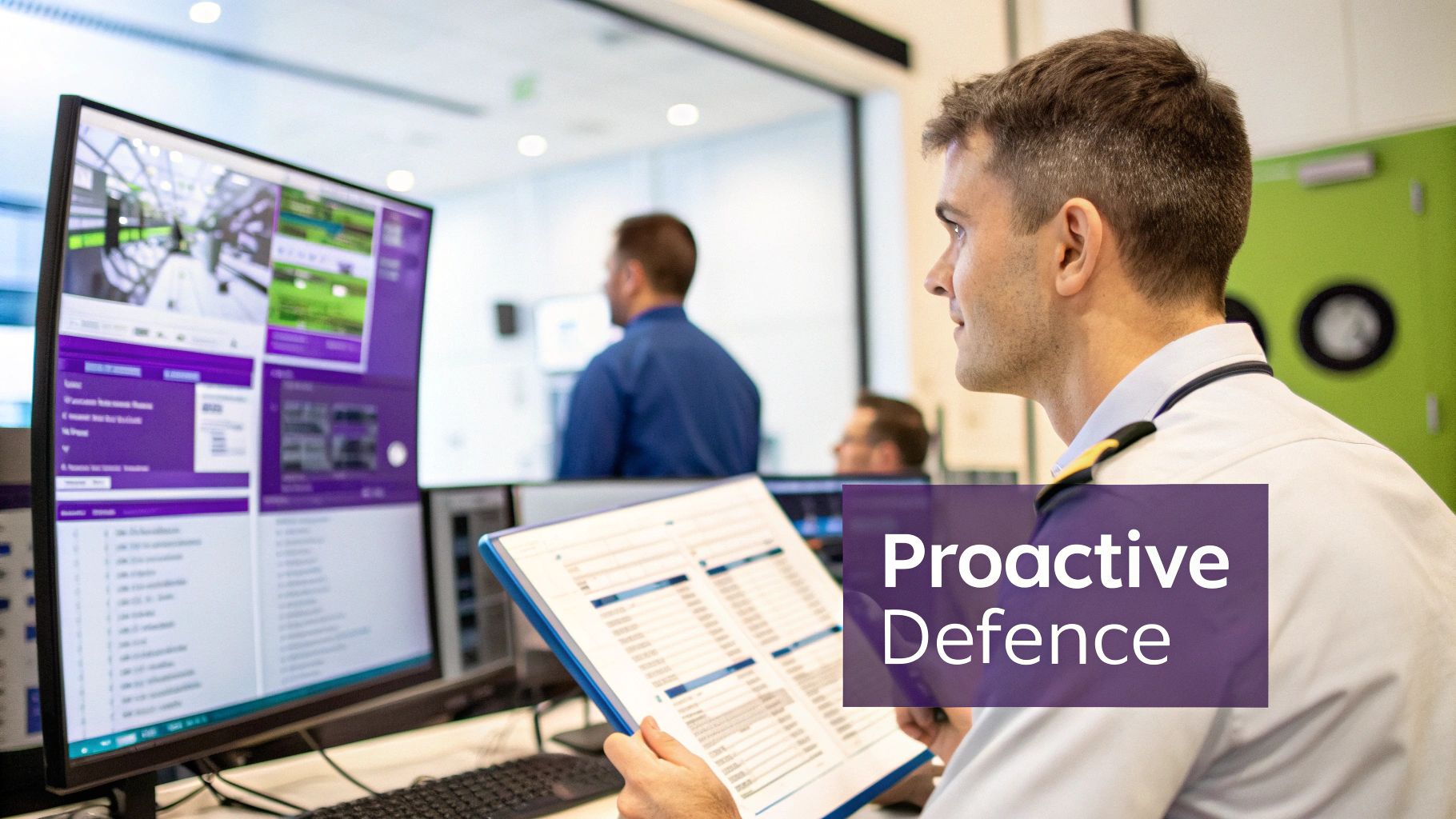 A uniformed officer intently reviews a security monitoring system on multiple screens, holding a report in a control room.