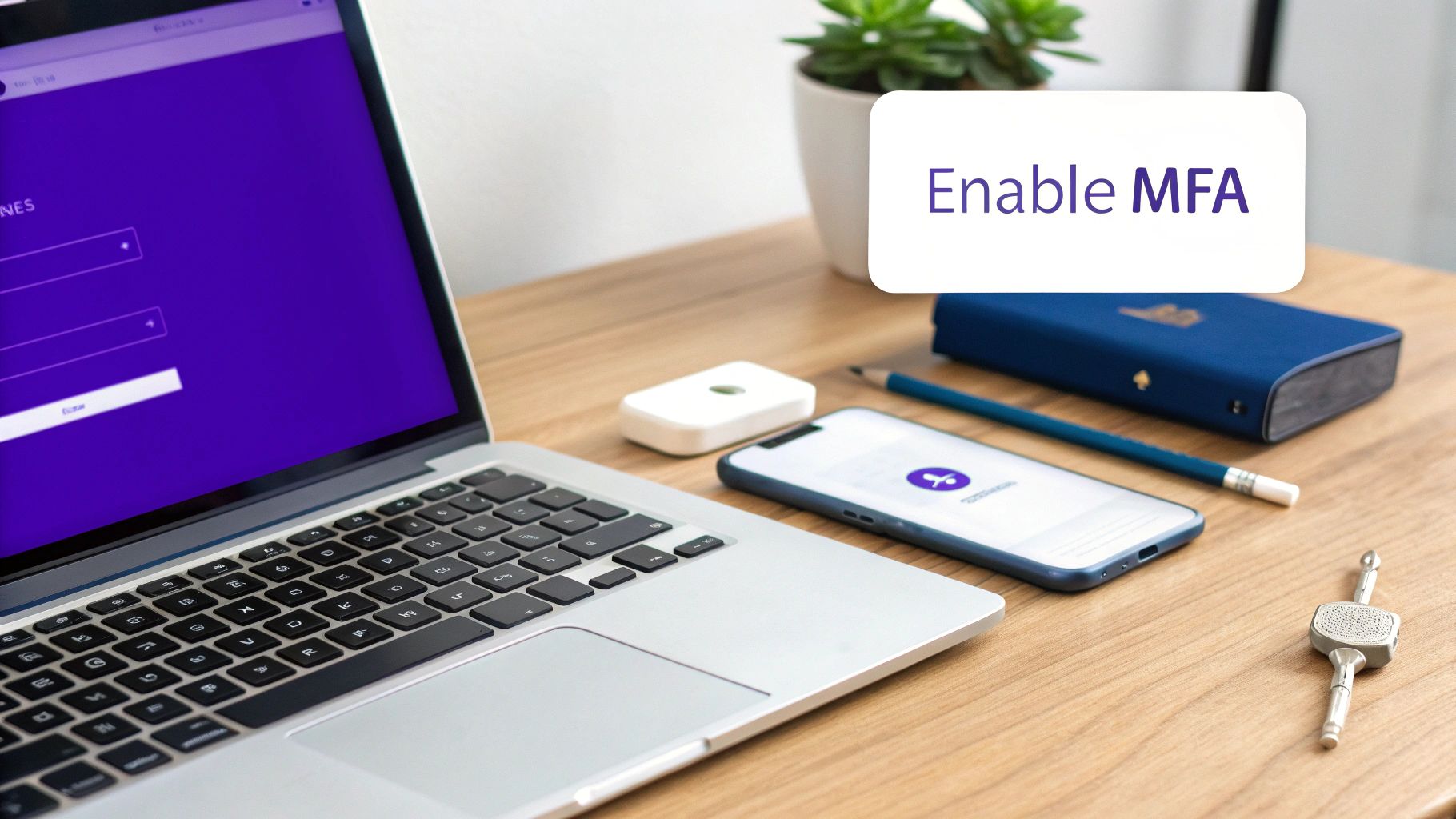 A laptop and smartphone on a wooden desk with a white bubble saying 'Enable MFA', illustrating digital security.