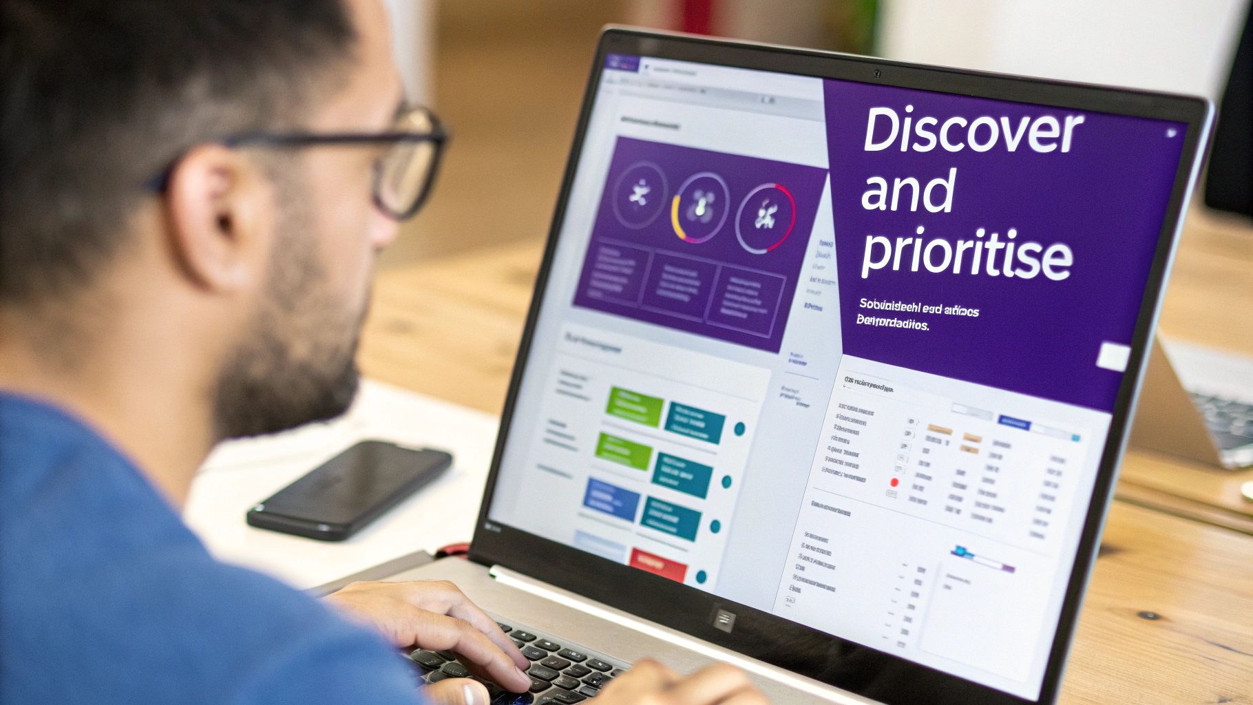 Man with glasses working on a laptop displaying 'Discover and prioritise' software interface with data.