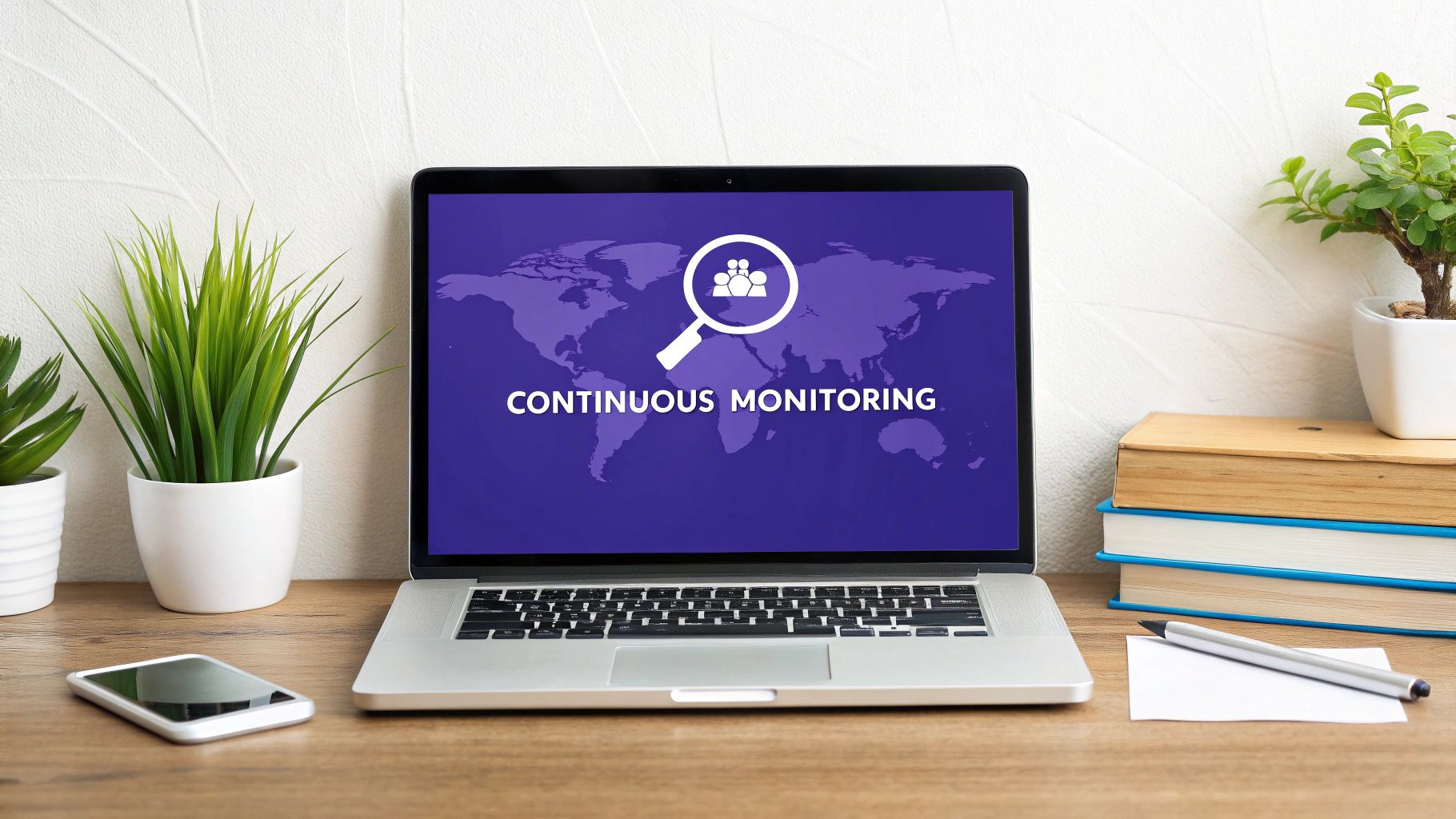A laptop displaying 'CONTINUOUS MONITORING' and a world map, surrounded by plants and office items.