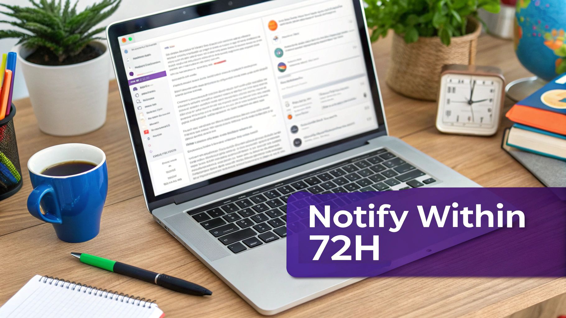 A laptop on an office desk displays a notification feed and a 'Notify Within 72H' message.