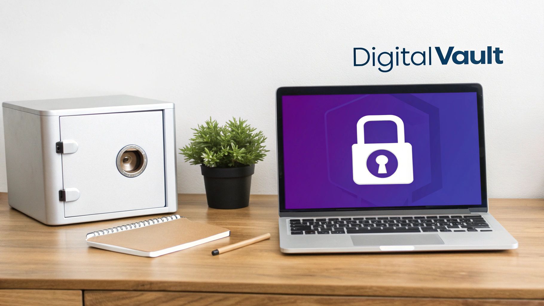 A silver safe next to a laptop displaying a digital padlock, symbolizing data security and digital vault.