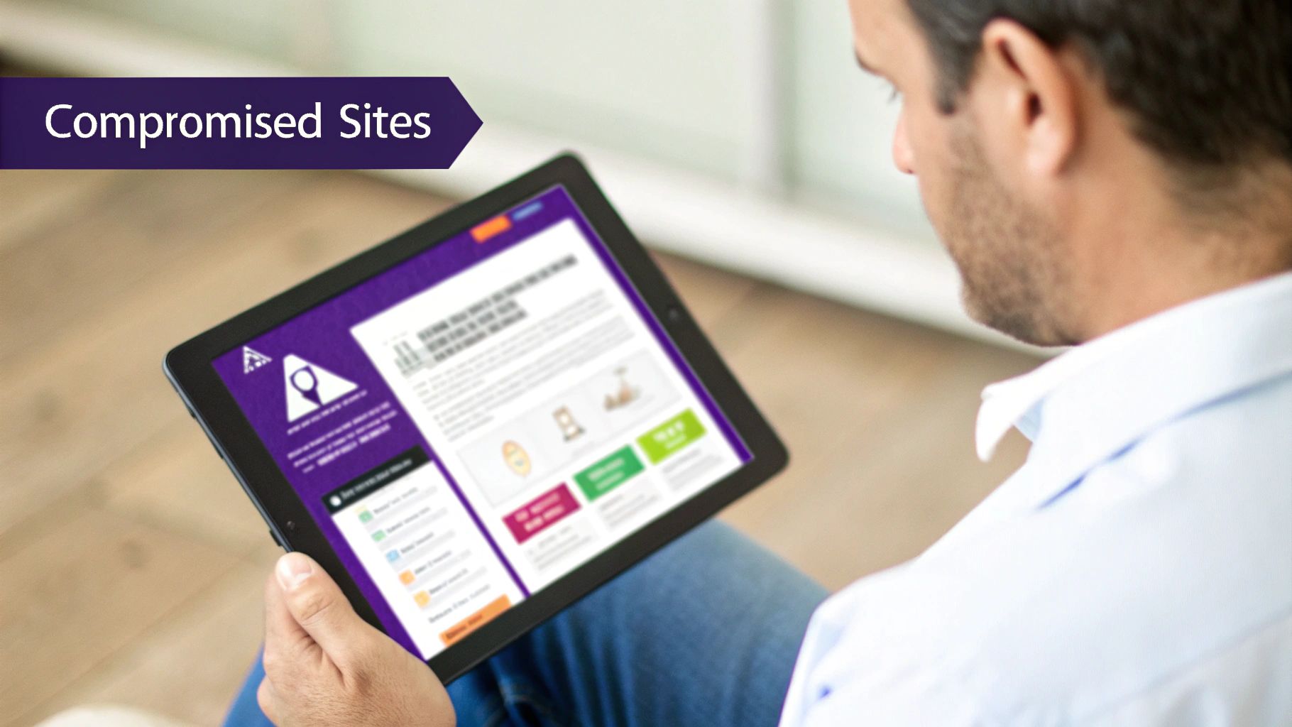 Man viewing 'Compromised Sites' on a tablet, highlighting cybersecurity concerns and digital security.