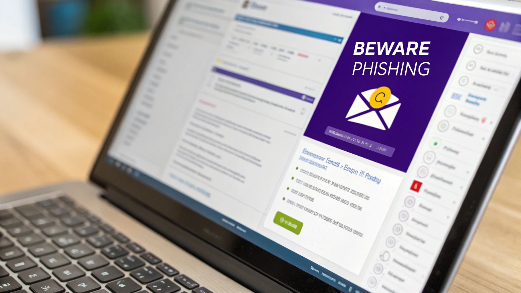 A laptop screen displays a 'BEWARE PHISHING' warning with an envelope icon, highlighting email security.