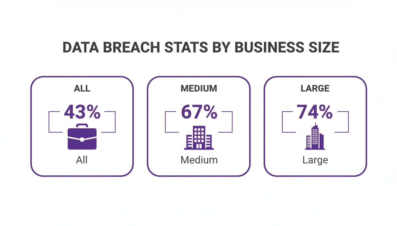 Data breach statistics by business size, showing 43% for all, 67% for medium, and 74% for large businesses.