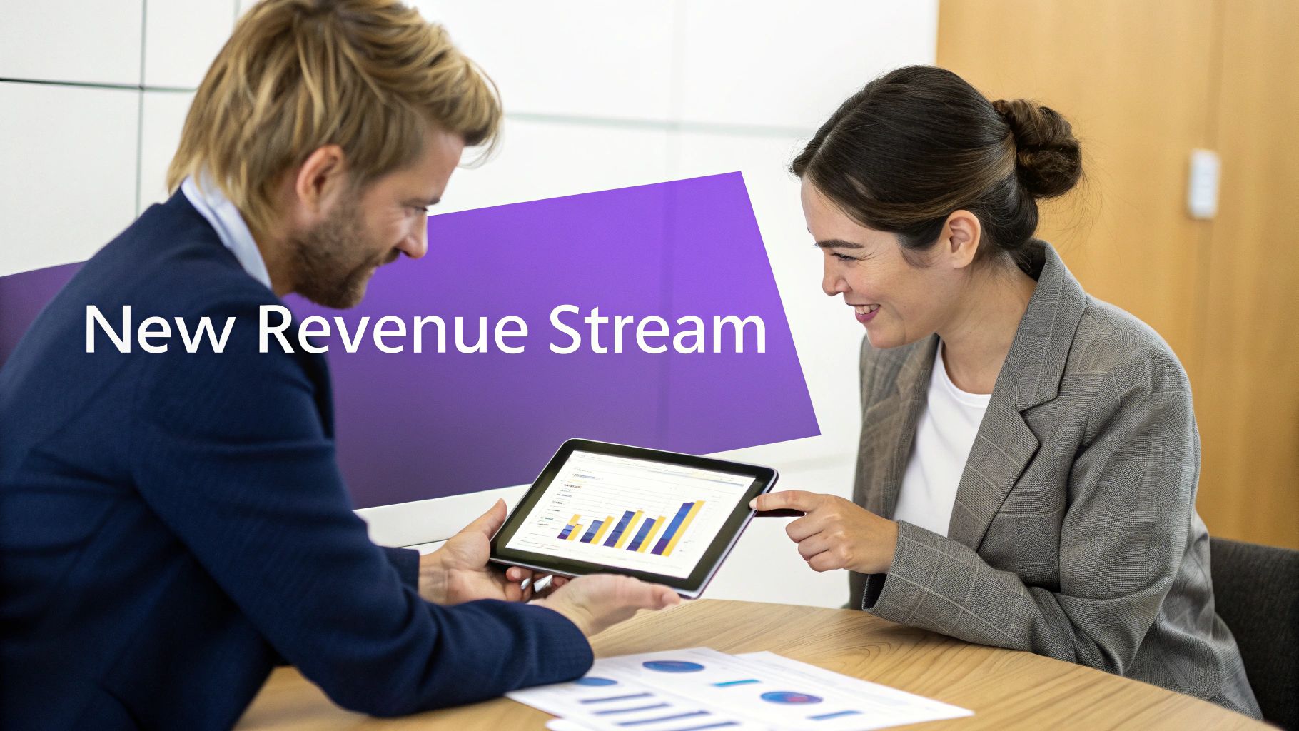 Two smiling business professionals discuss a bar chart on a tablet, looking at a new revenue stream.
