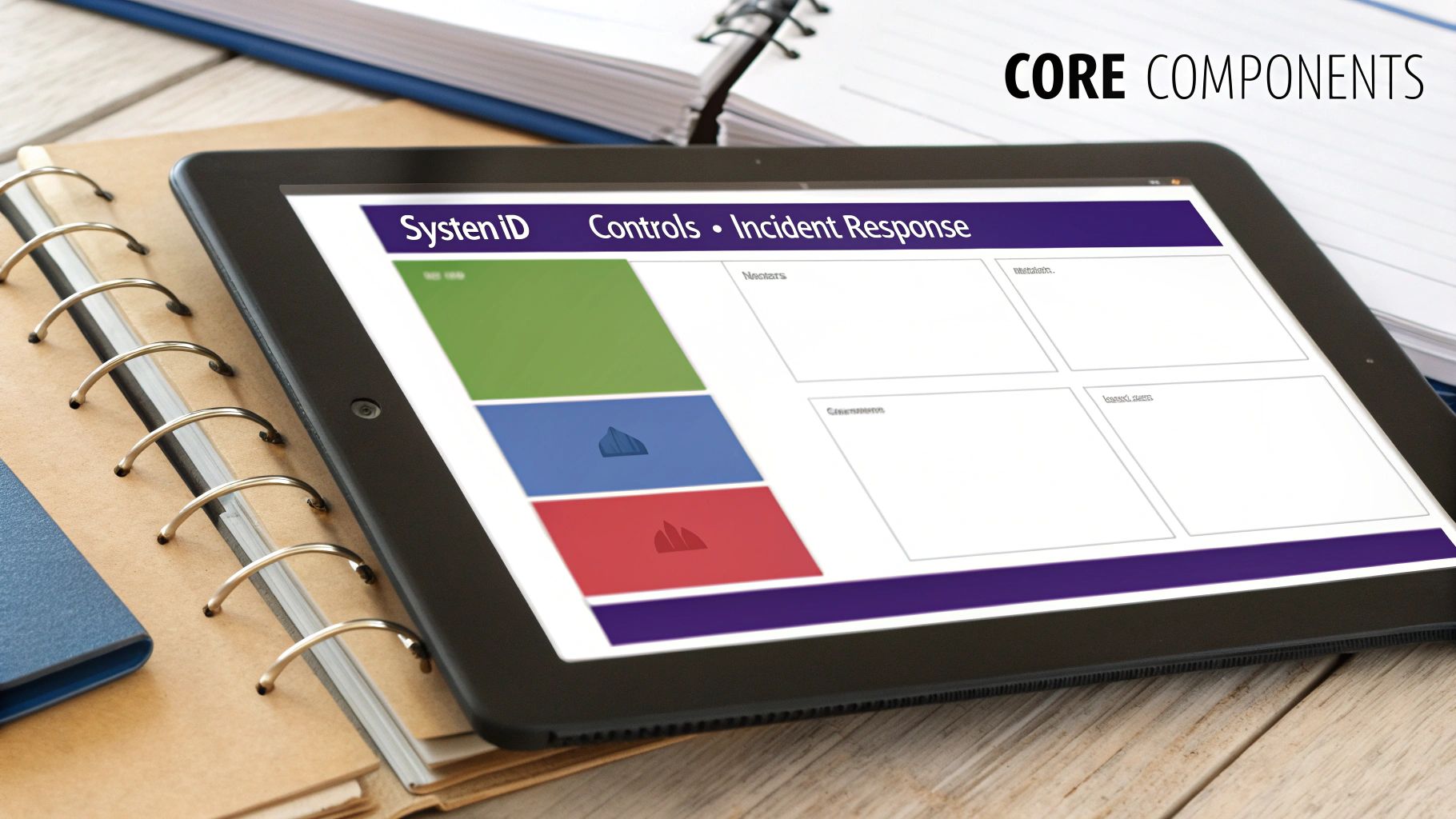A tablet displays a digital security dashboard for system identification, controls, and incident response.