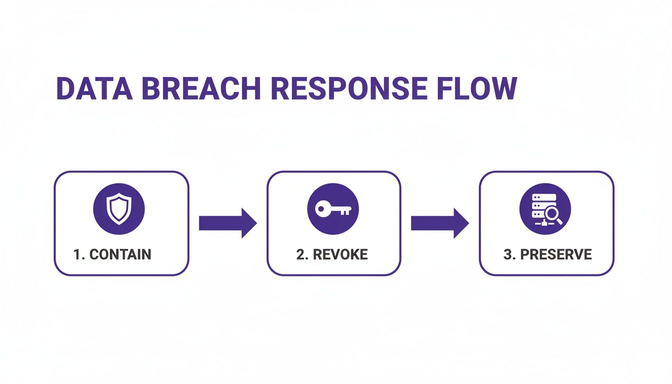 A data breach response flow outlining three steps: contain, revoke, and preserve, with icons.