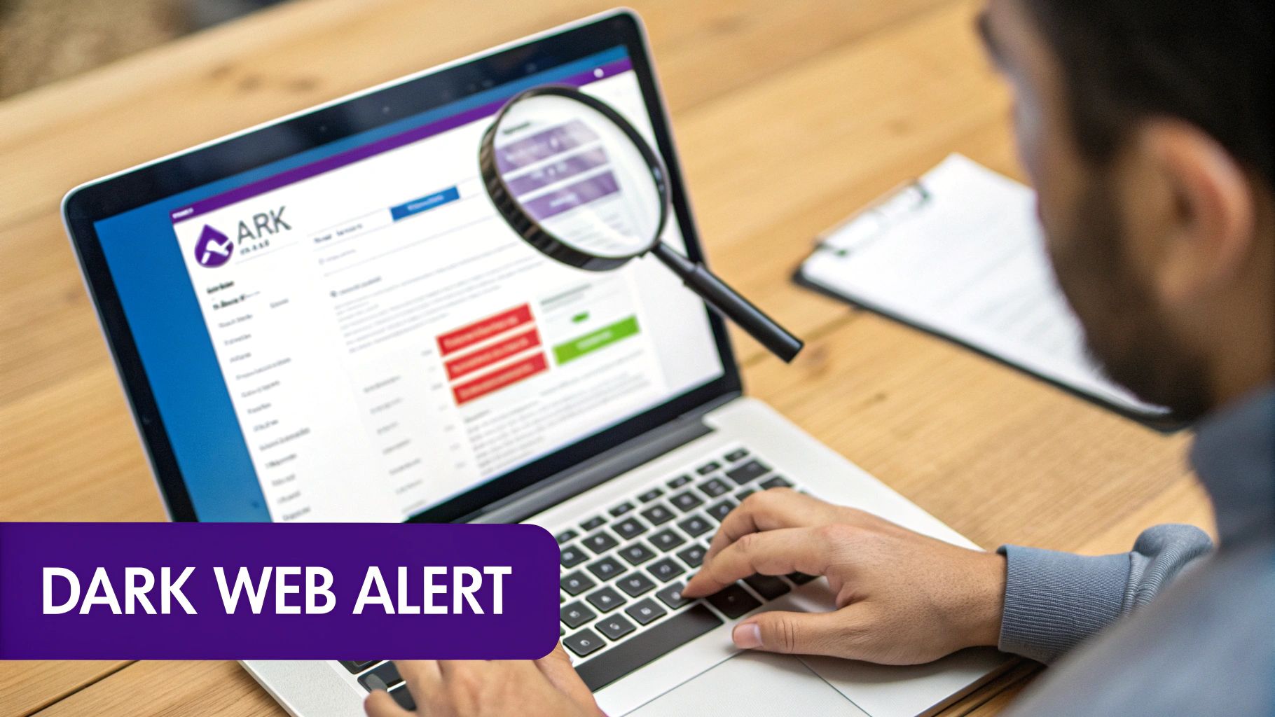 A person views a dark web alert on a laptop screen with a magnifying glass, indicating security monitoring.