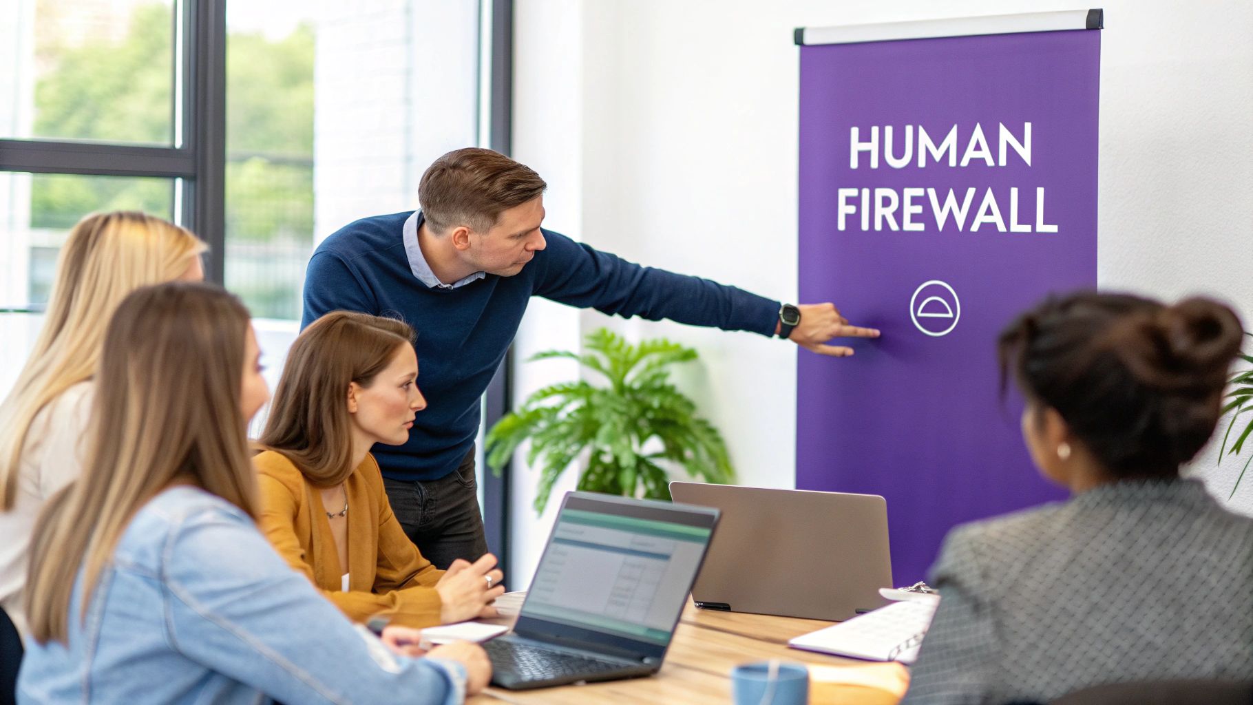 A male trainer points to a "HUMAN FIREWALL" banner during a cybersecurity training session with colleagues.