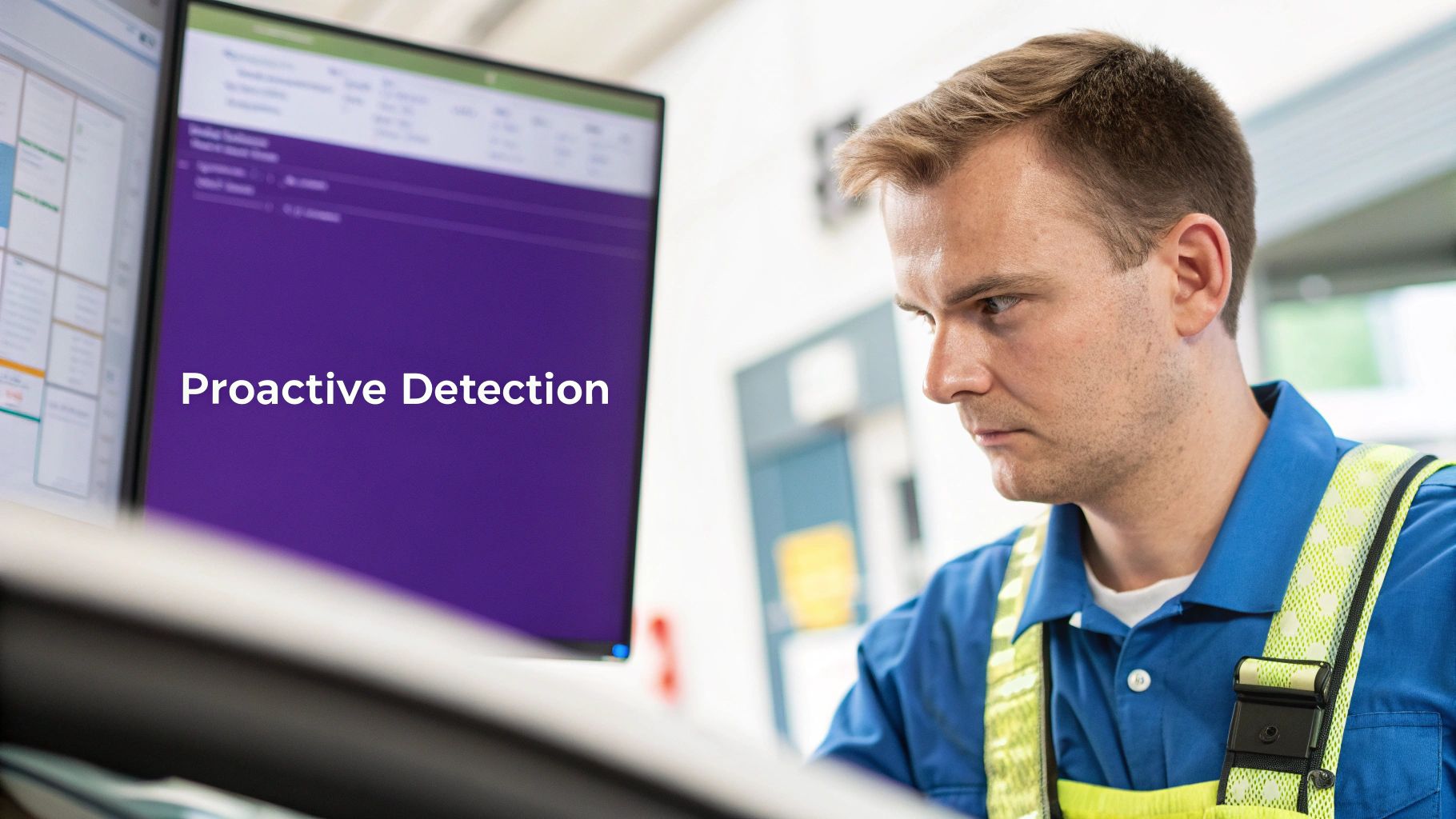 A man in a work vest intently looks at a computer screen displaying 'Proactive Detection'.