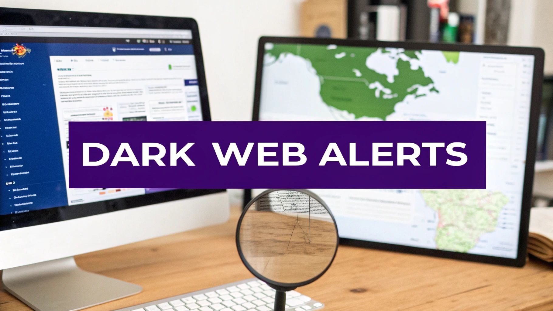 Two computer monitors display web content and maps on a desk, overlaid with a 'DARK WEB ALERTS' banner.