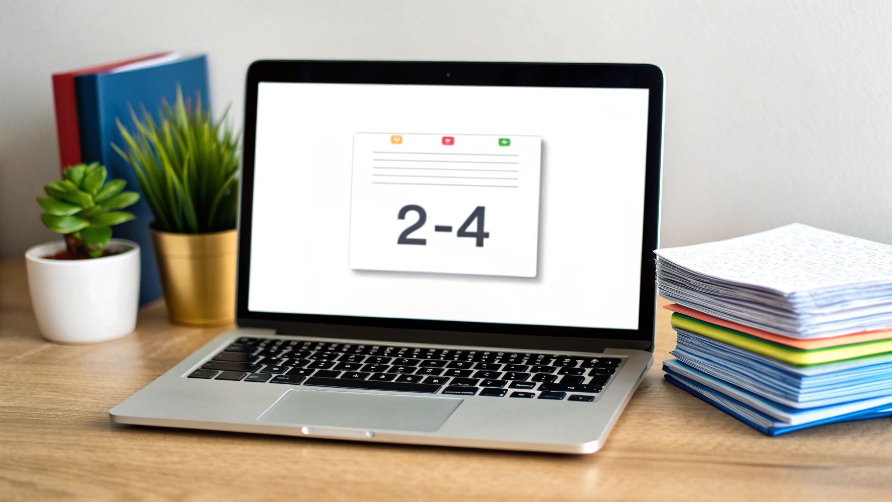 A silver laptop on a wooden desk displaying a calendar icon with '2-4'. Books, plants, and papers are also visible.