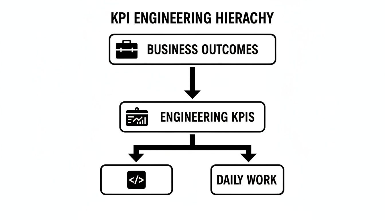 KPI Engineering Hierarchy diagram showing Business Outcomes leading to Engineering KPIs, which split into code and daily work.