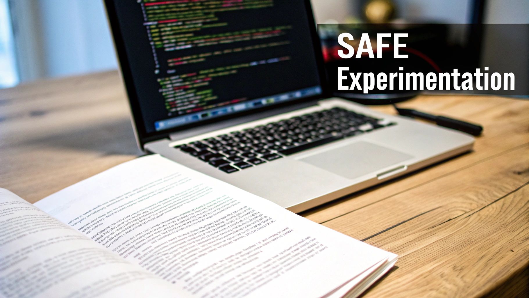 A laptop displaying code, an open book, and a pen on a wooden desk with "SAFE Experimentation" overlay.
