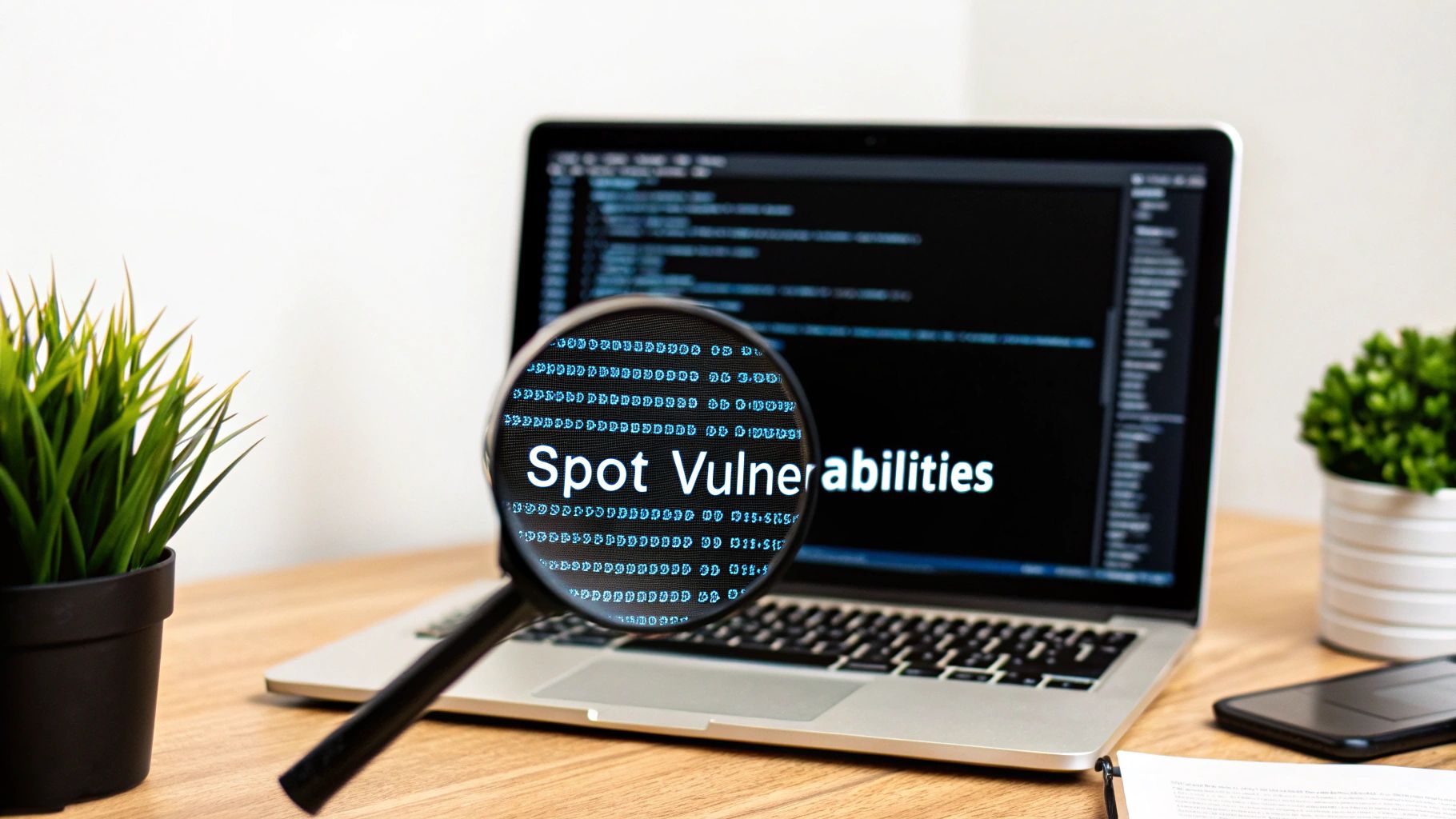 A developer pointing at lines of code on a screen, explaining a security risk to a colleague.