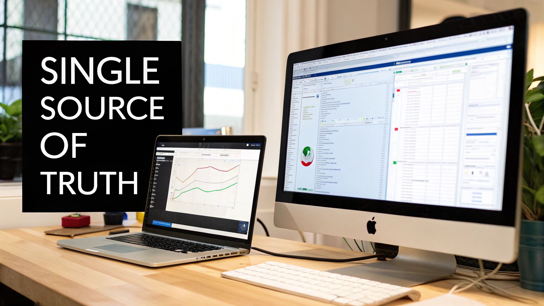 A modern workspace with a laptop and desktop monitor displaying data and charts, emphasizing 'SINGLE SOURCE OF TRUTH'.