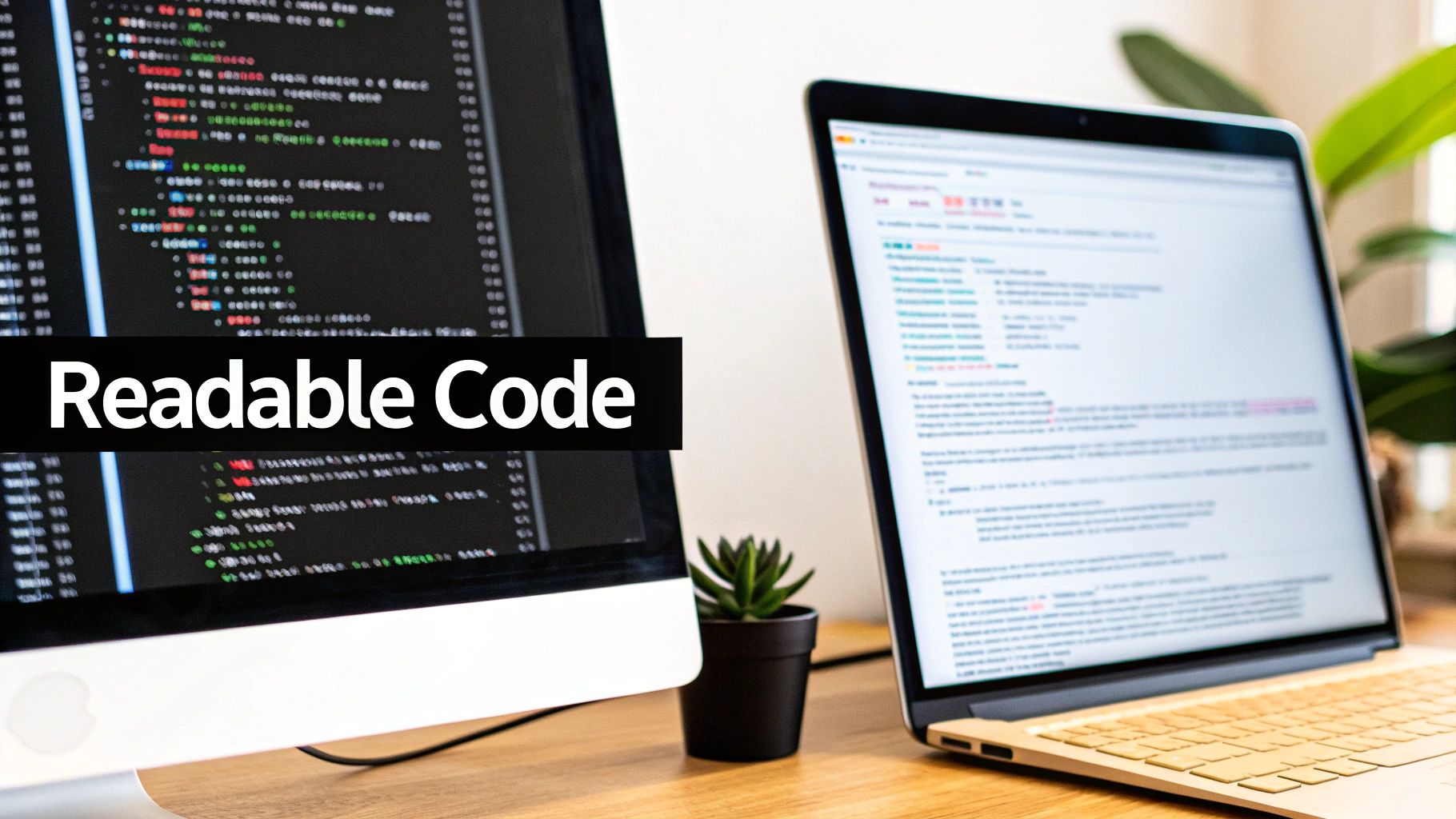 Illustration of a human brain with code flowing into it, symbolizing readable code