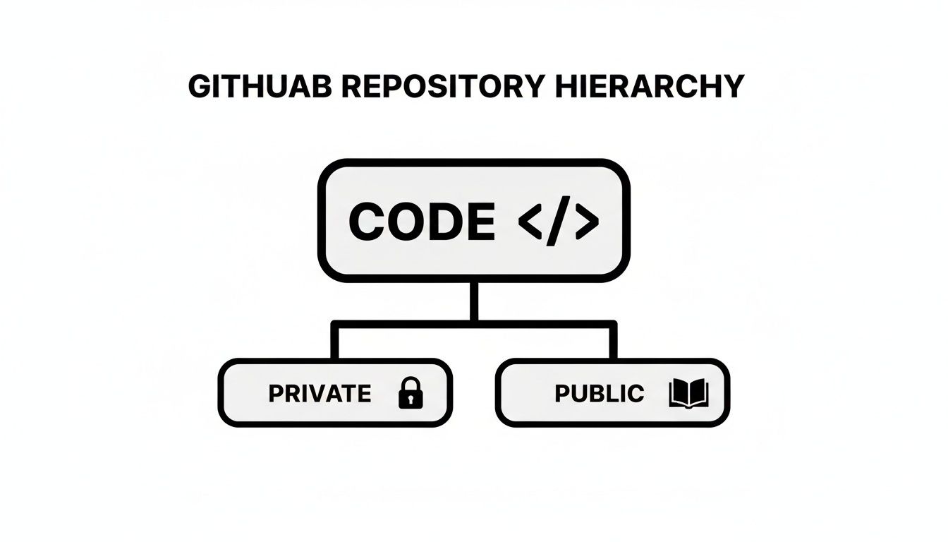 A diagram showing GitHub repository hierarchy, with 'CODE' branching into 'PRIVATE' and 'PUBLIC' types.