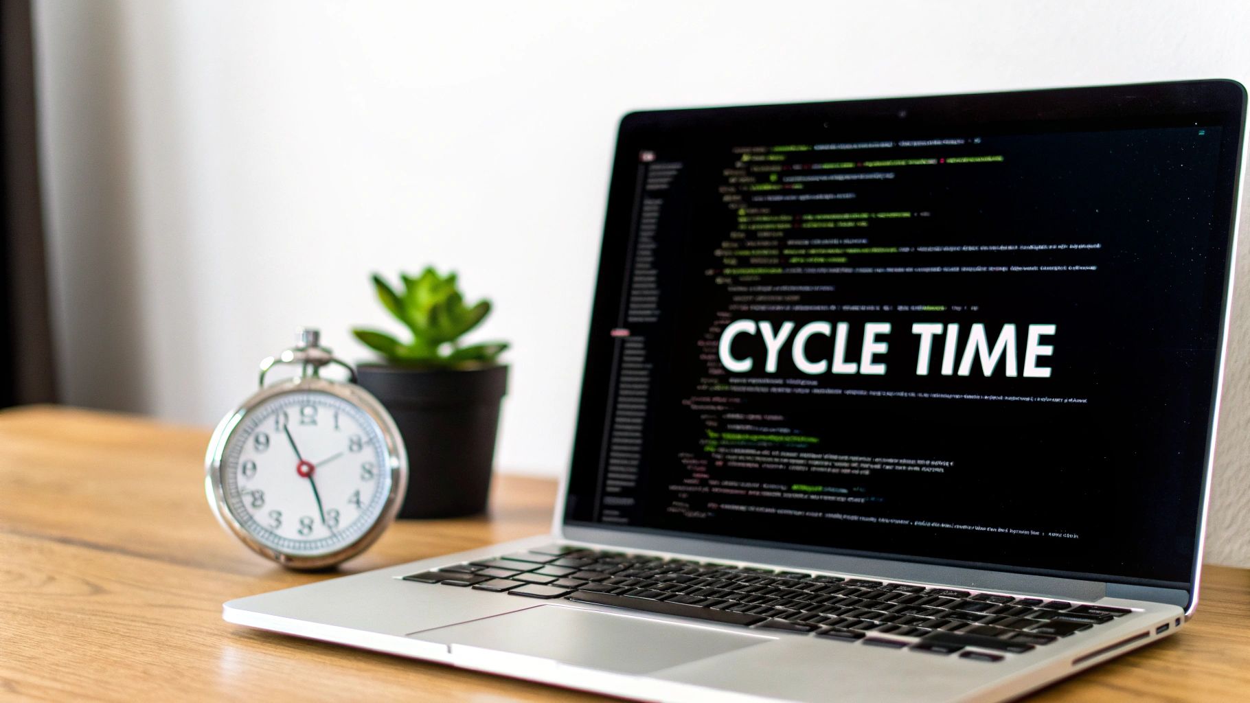 A laptop screen displays 'CYCLE TIME' text and code, with an alarm clock and a plant on a wooden desk.