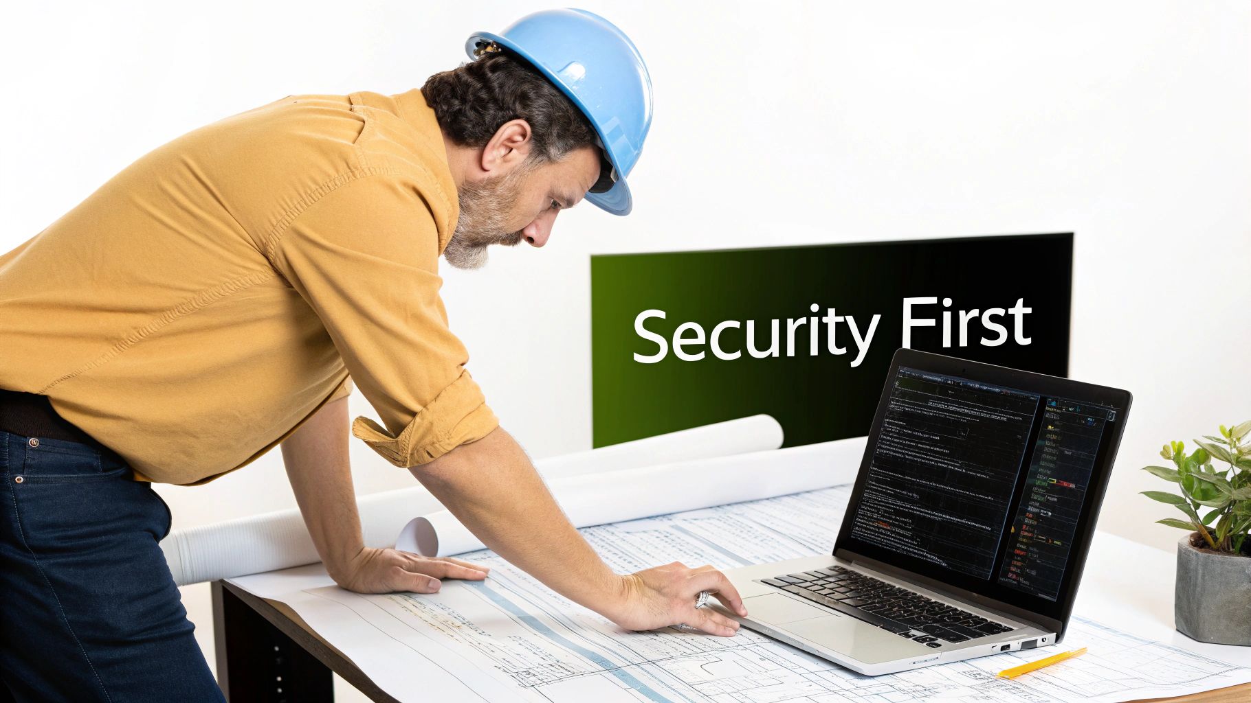 An engineer examining lines of code on a monitor with a magnifying glass, symbolizing a detailed security review