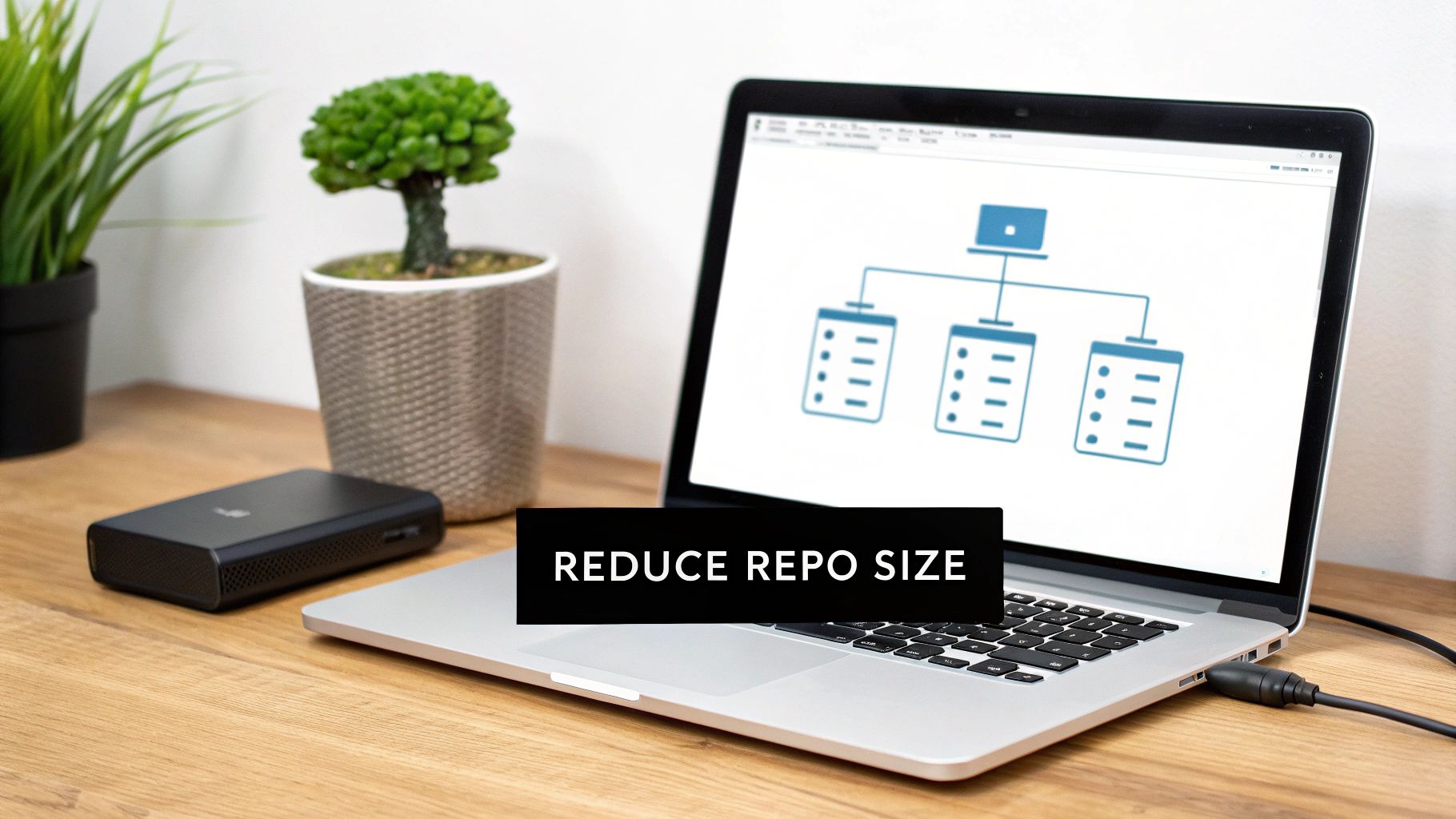 A laptop on a wooden desk with an external drive, displaying a diagram and 'REDUCE REPO SIZE' text.