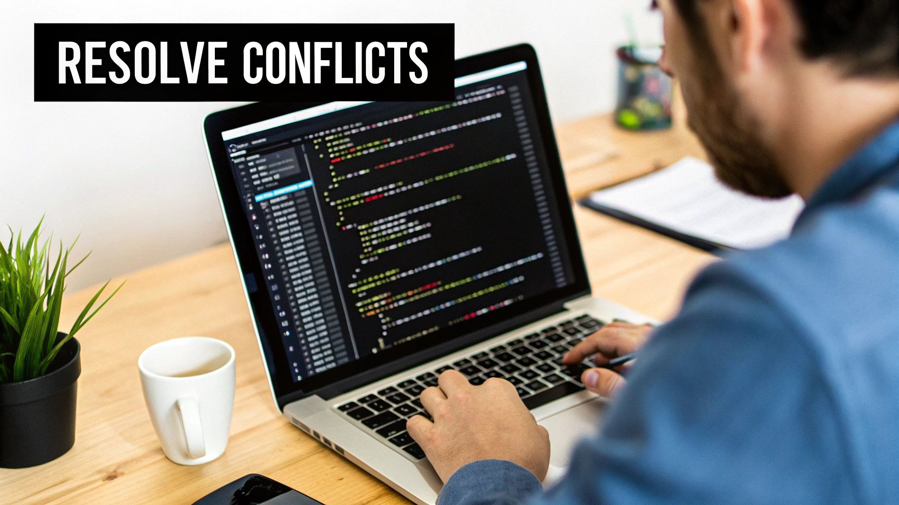 A developer coding on a laptop to resolve conflicts, with a plant and coffee on a wooden desk.