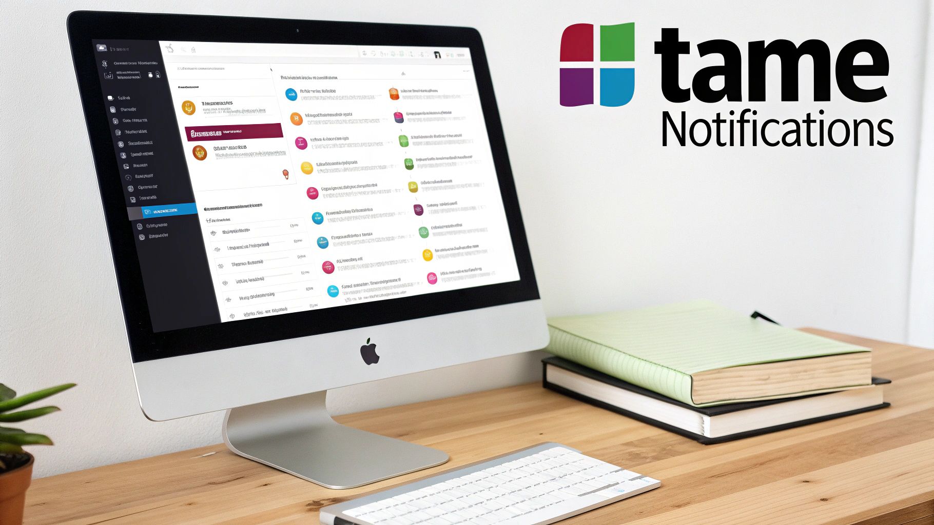 A desktop computer displaying 'tame Notifications' software on a wooden desk with notebooks.