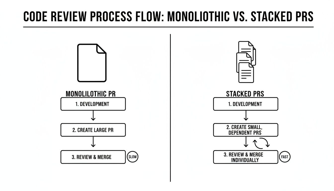 Flowchart comparing monolithic vs. stacked pull request code review processes, highlighting the efficiency of stacked PRs.