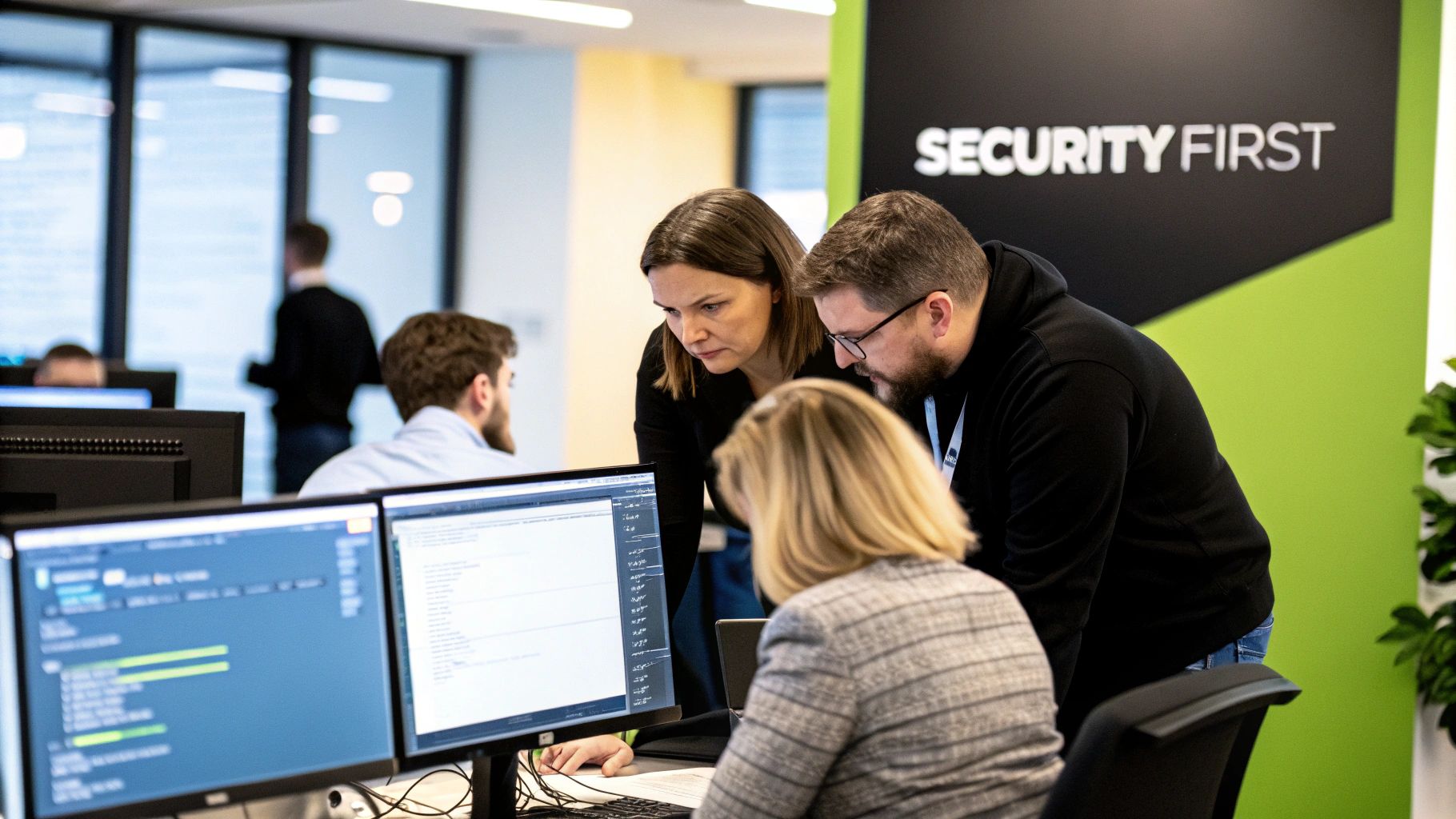 Developers collaborating on a security code review on a laptop.