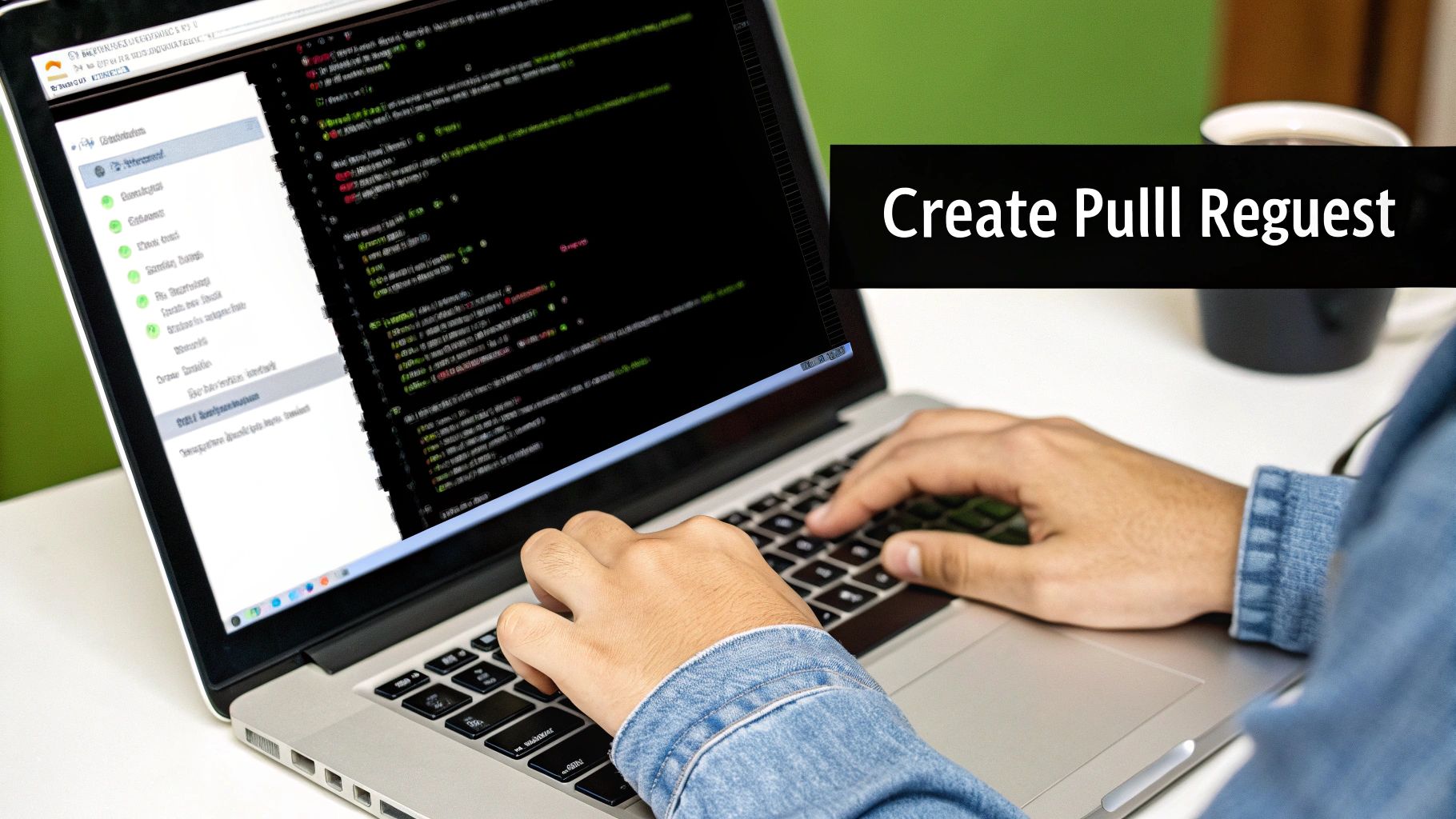 A developer crafting a clear pull request on a laptop.