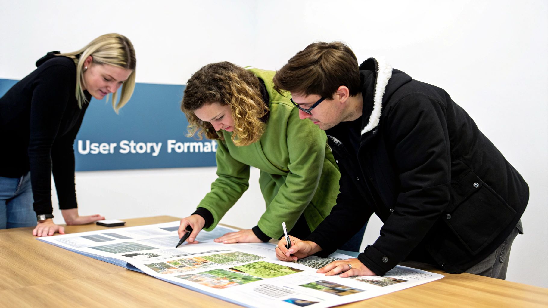 Three professionals review and write on a large user story document on a wooden table.