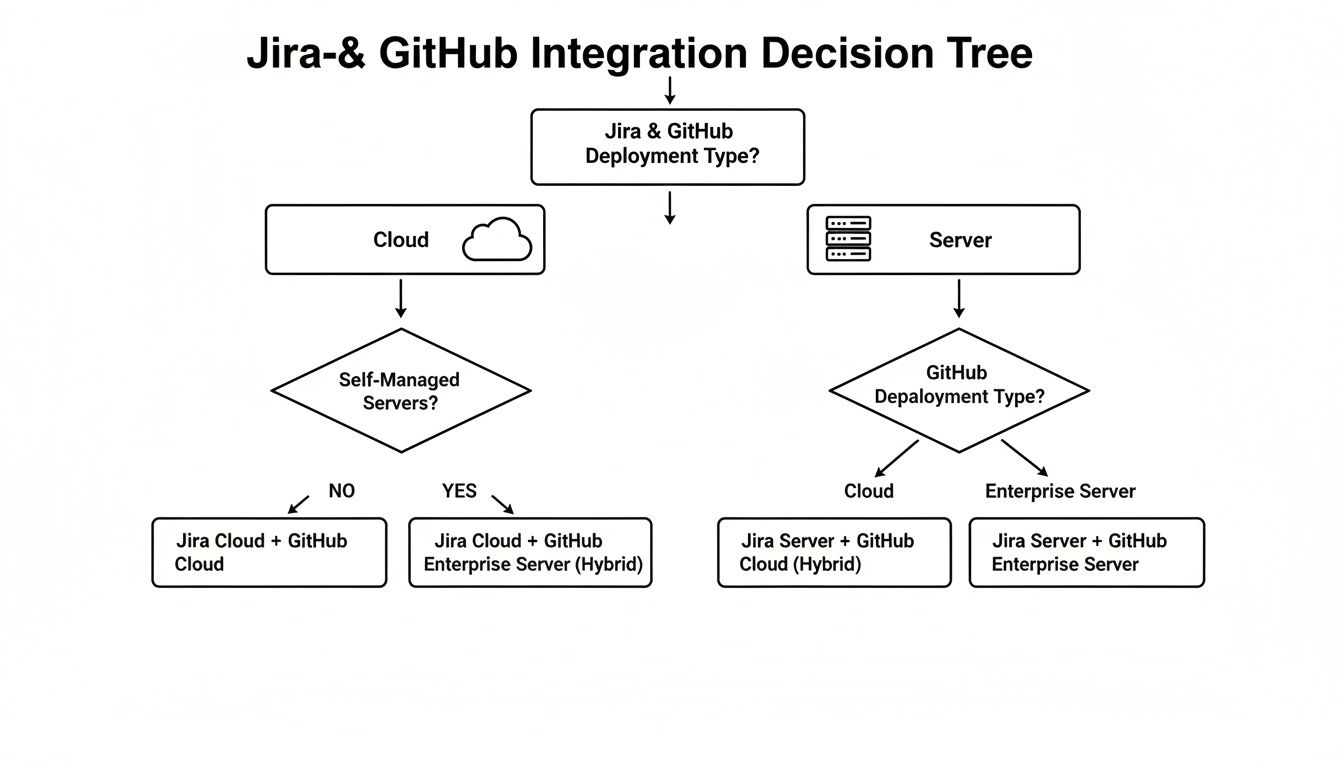 Decision tree diagram for Jira and GitHub integration options based on cloud or server deployment types.