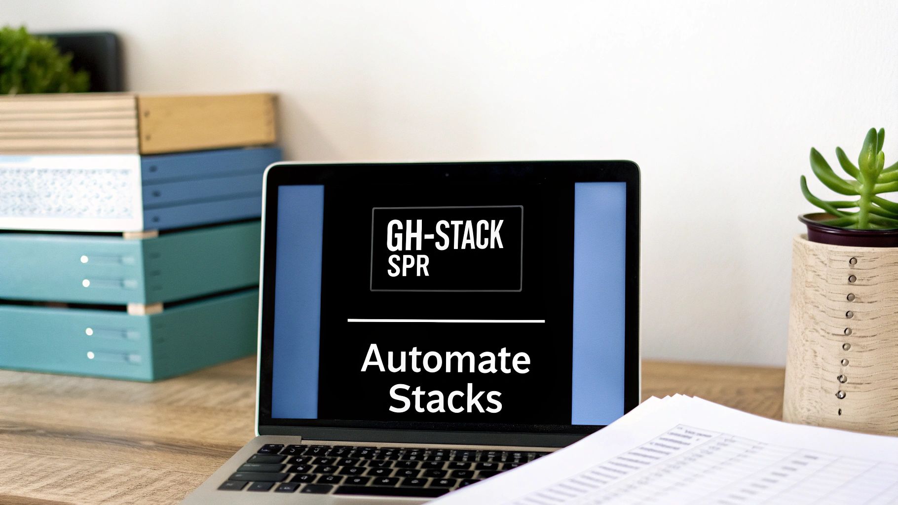A laptop on a wooden desk displaying 'GH-STACK SPR' and 'Automate Stacks' beside organizational boxes and a succulent plant.