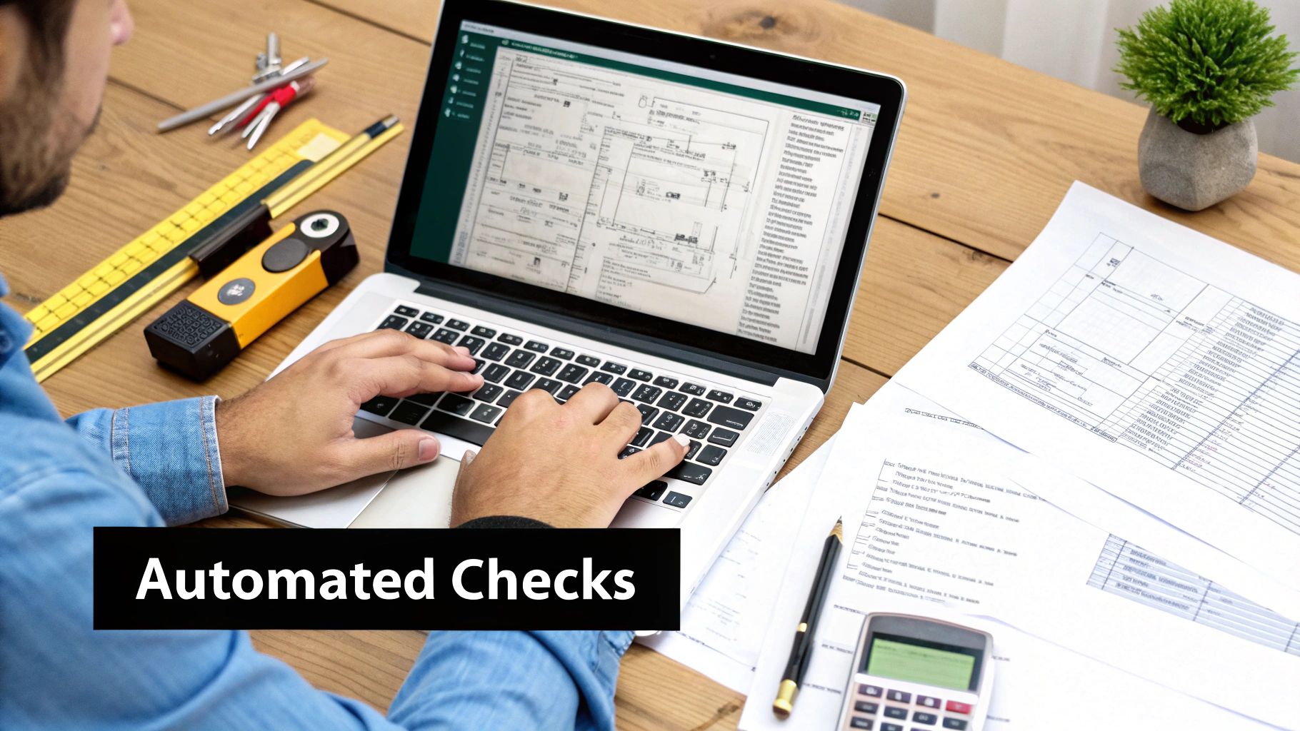Person uses laptop to review technical diagrams and documents, surrounded by tools on a wooden desk.