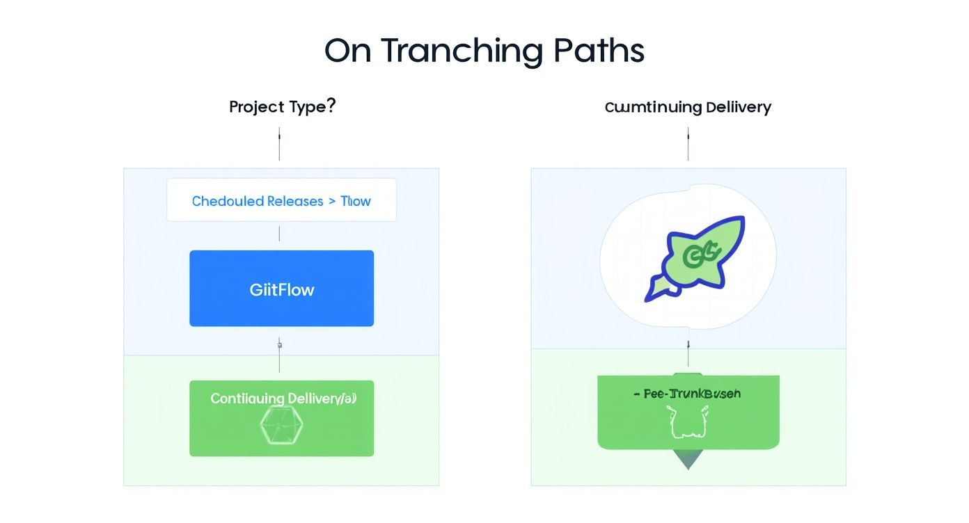 Diagram illustrating two branching paths: GitFlow for scheduled releases and Trunk-Based Development for continuous delivery.