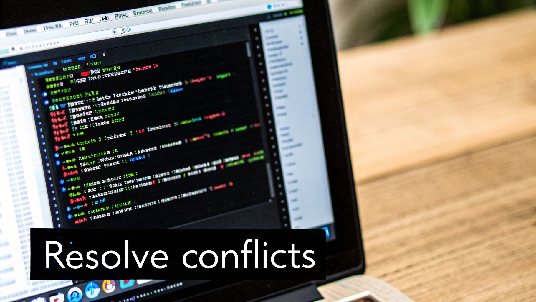 A laptop screen displaying lines of code with syntax highlighting and a banner saying 'Resolve conflicts'.